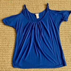 Candies Womens Pleated Cold Shoulder Tunic Top Stretch Scoop Neck Size M Blue